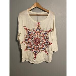 Lucky Lotus Shirt Womens 1X White Mandala Floral Graphic Scoop Neck READ